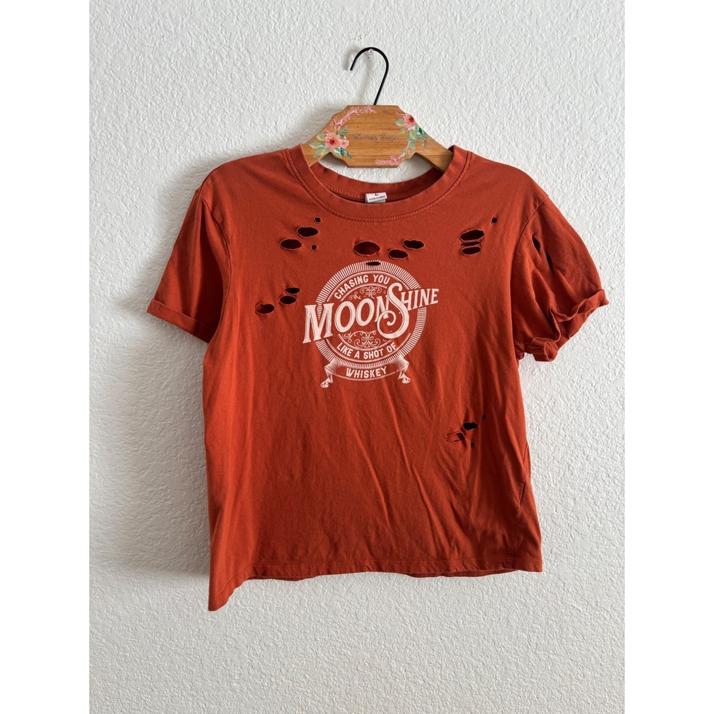 Darling Blue Moonshine Whiskey Graphic Tee Womens Large Rust Distressed